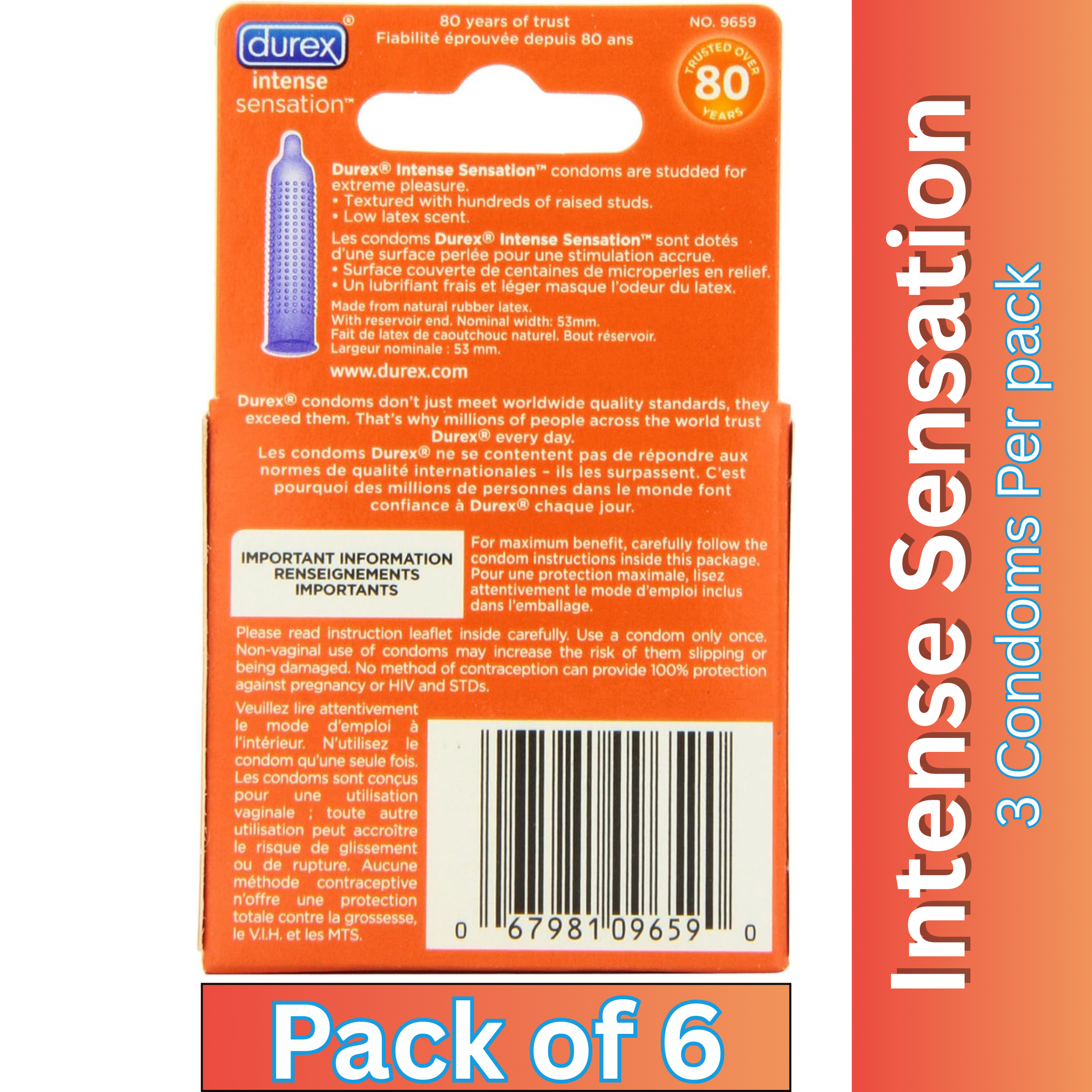 Durex Intense Sensation 3ct Condoms Pack of 6 – Dotted Microperles Ultra Fine Latex