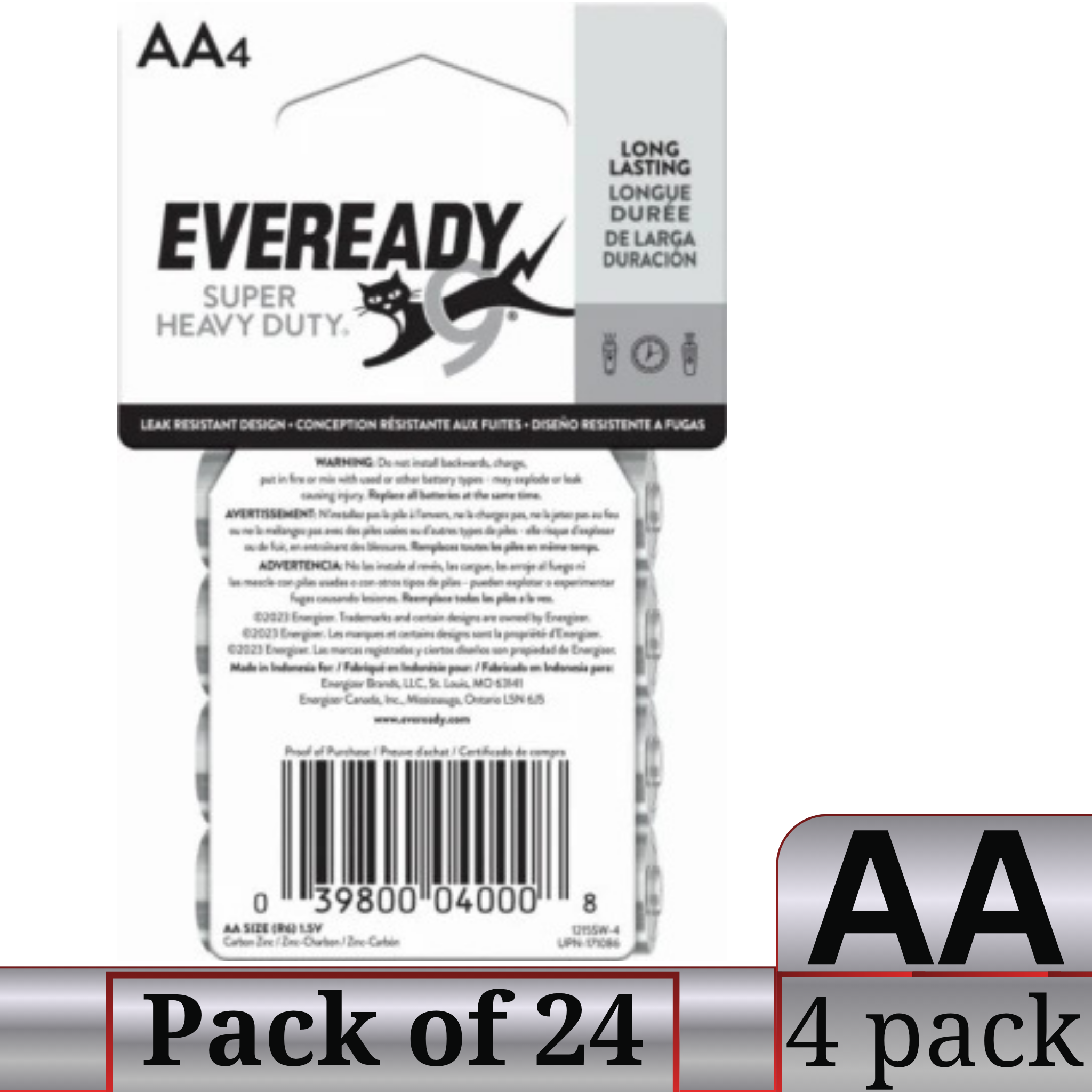 Eveready Super Heavy Duty AA Carbon Zinc Batteries 24 Pack Bulk – 96 Cells