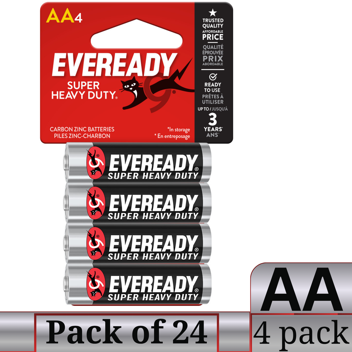 Eveready Super Heavy Duty AA Carbon Zinc Batteries 24 Pack Bulk – 96 Cells