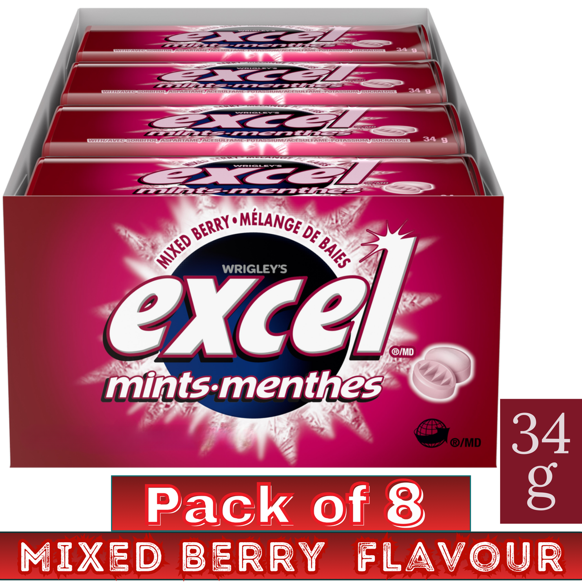 EXCEL Mixed Berry Flavour Mints – Sugar-Free Breath Mints – 34g – Pack of 8