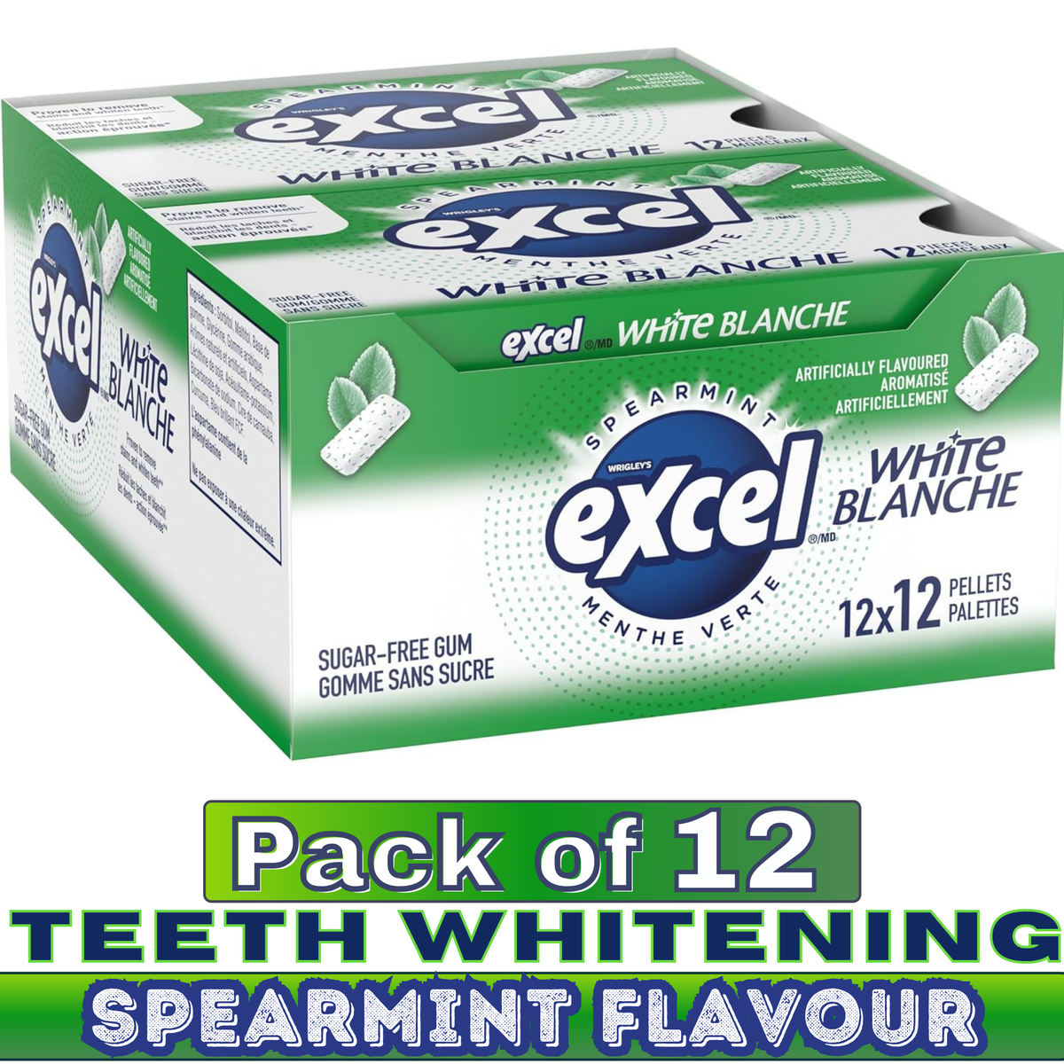 EXCEL White Spearmint Sugar-Free Chewing Gum – Teeth Whitening – 12 Packs (12 Pieces Each) | Sugar-Free Chewing Gum