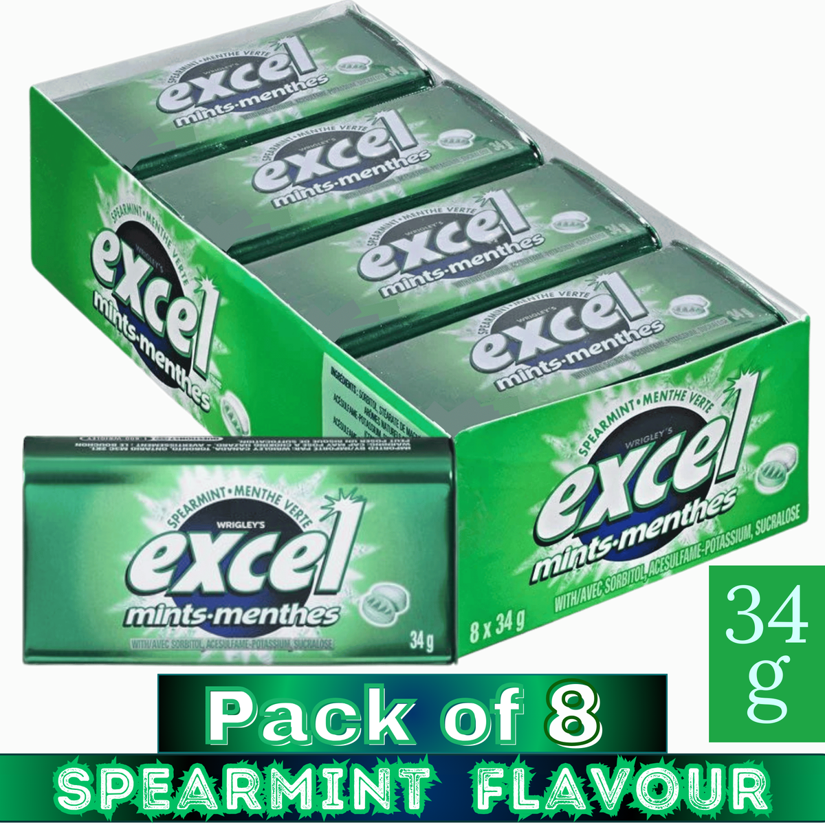 EXCEL Sugar-Free Breath Mints – Assorted Flavors – 34g Packs – Pack of 8