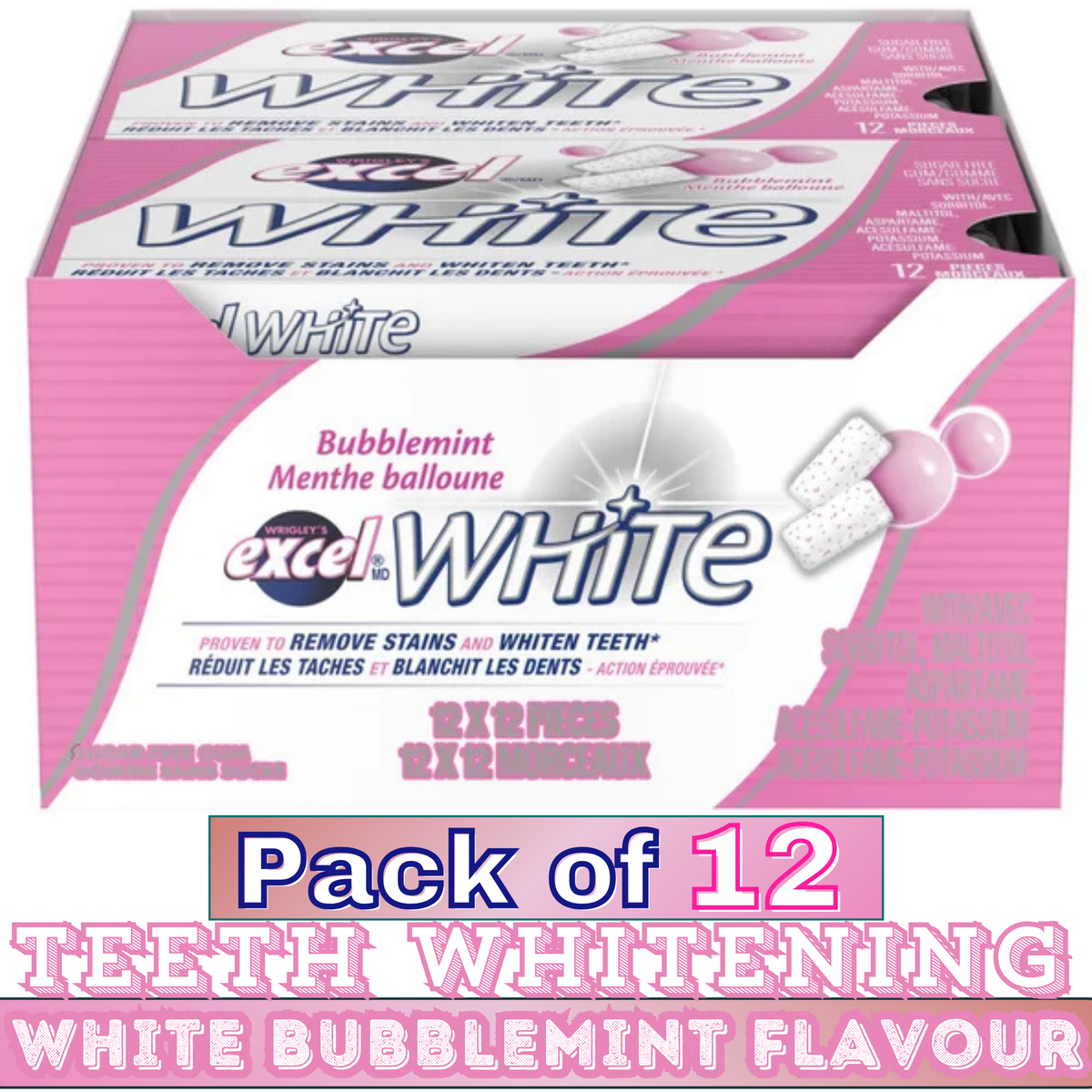 EXCEL White Bubblemint Flavour Teeth Whitening Sugar-Free Gum  – 12 Packs (12 Pieces Each) | Sugar-Free Chewing Gum
