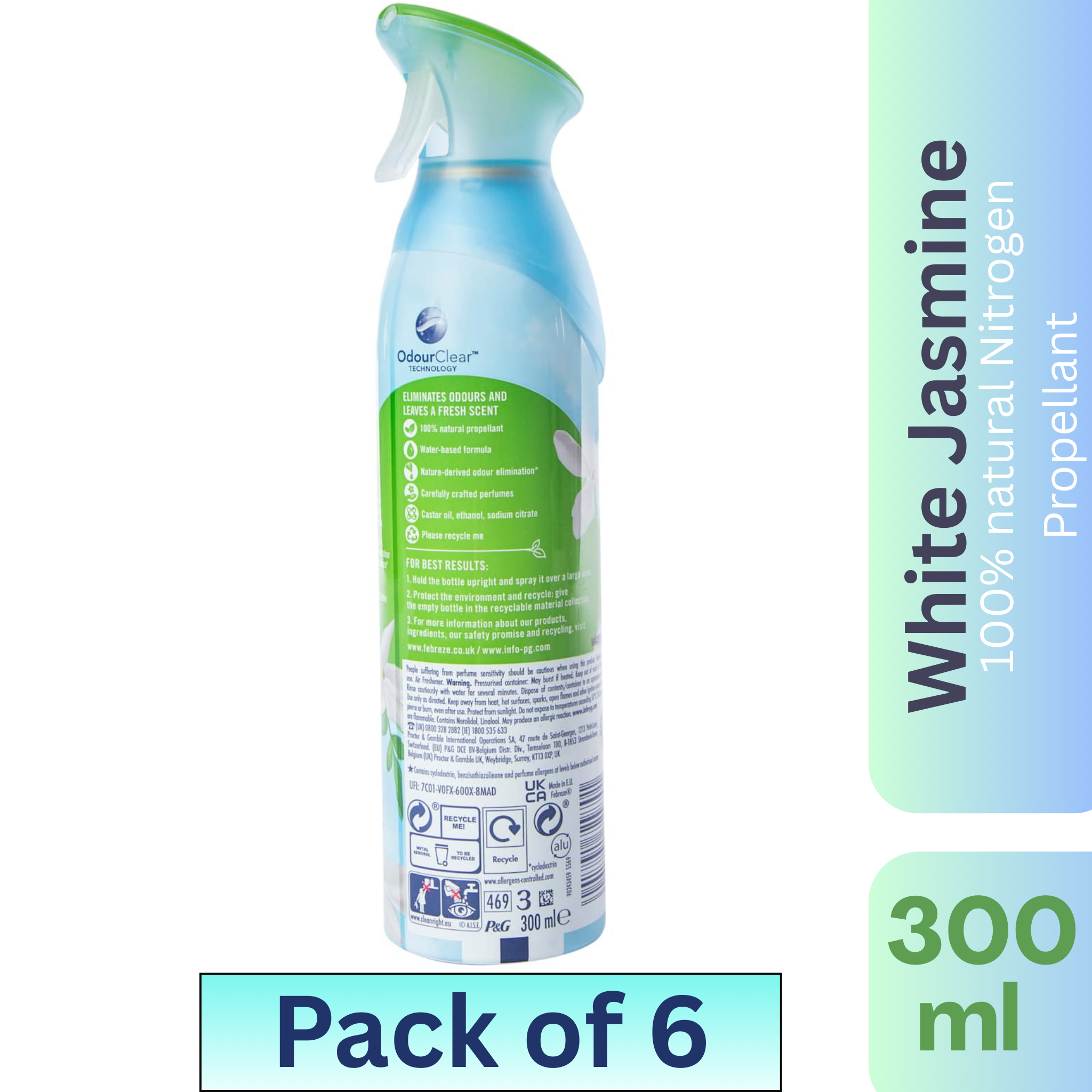 Febreze Air Freshener Spray White Jasmine 300ml Pack of 6 – Odor Eliminator & Home Freshener