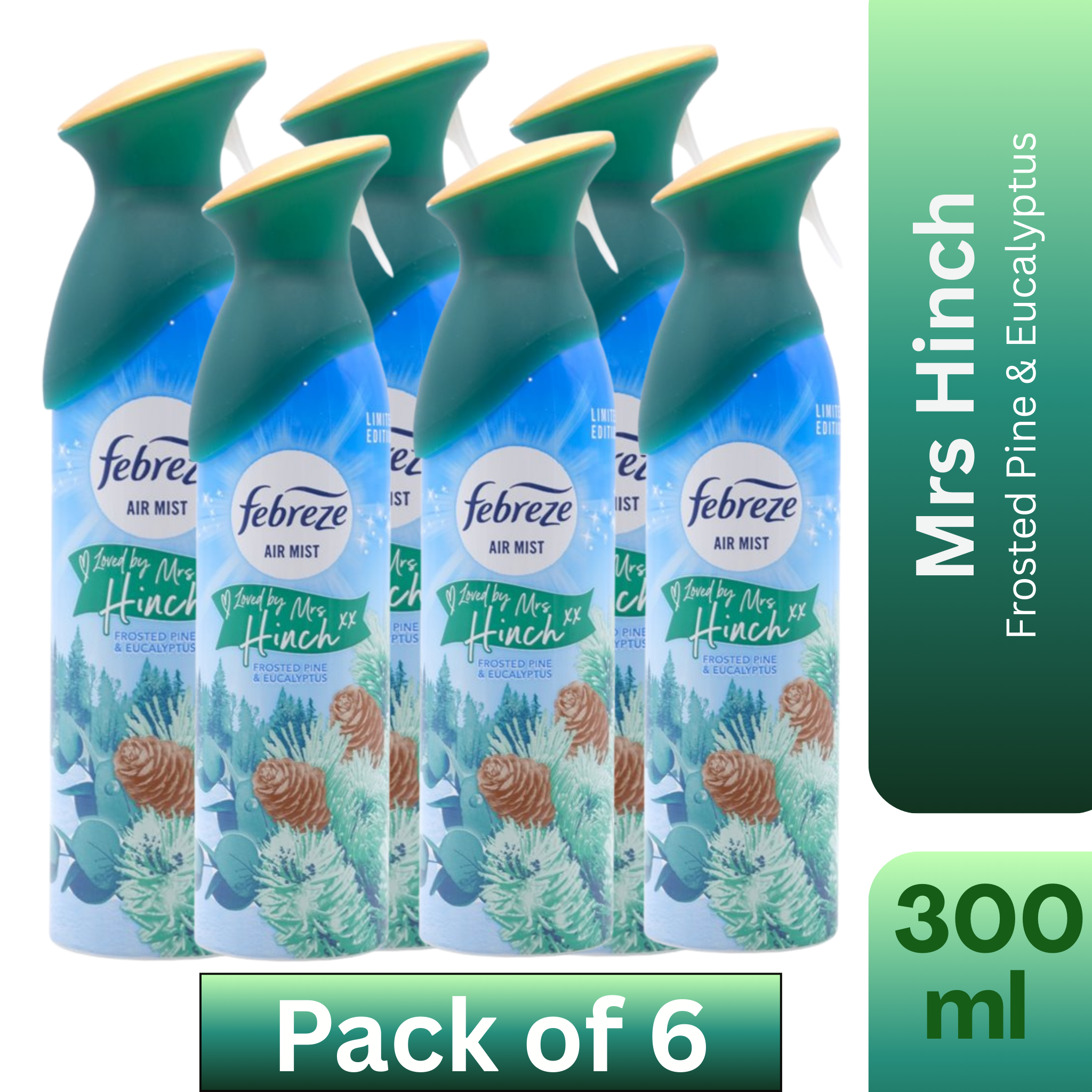 Febreze Air Freshener Spray Frosted Pine & Eucalyptus Mrs Hinch Edition 300ml Pack of 6 – Wholesale