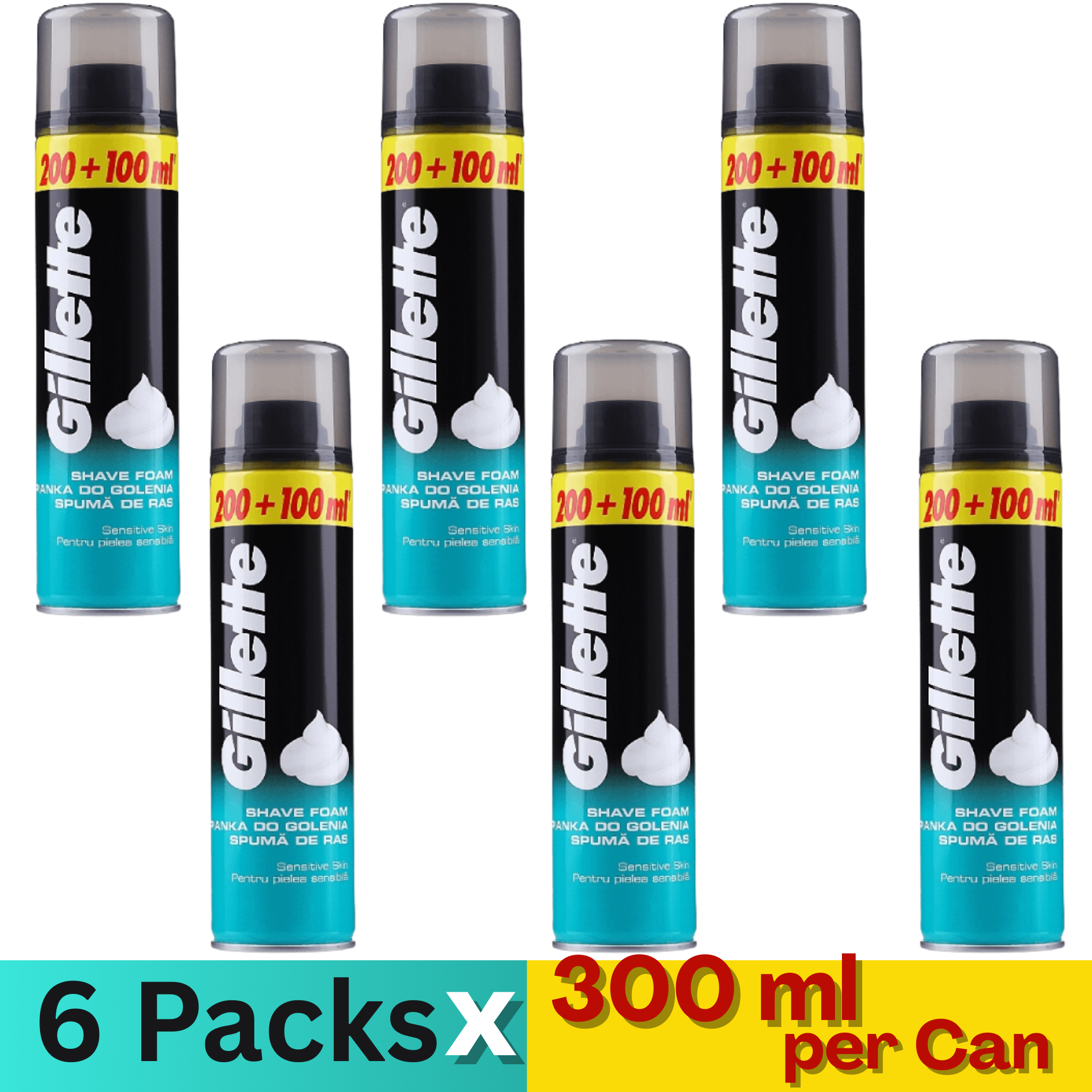Gillette Sensitive Skin Shaving Foam 300ml – Pack of 6 Cans