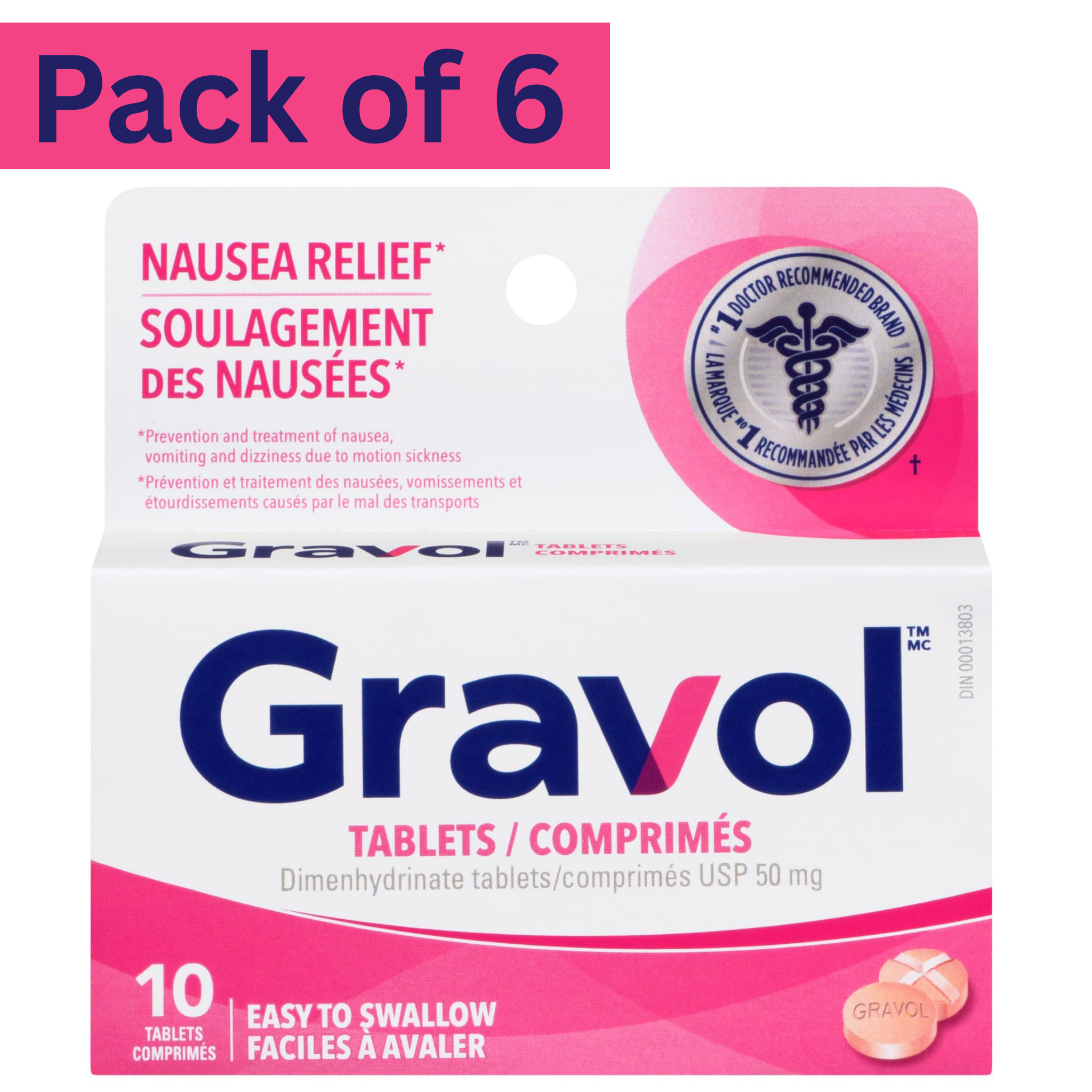 Gravol Nausea Relief Easy to Swallow Tablets 50mg – Pack of 6
