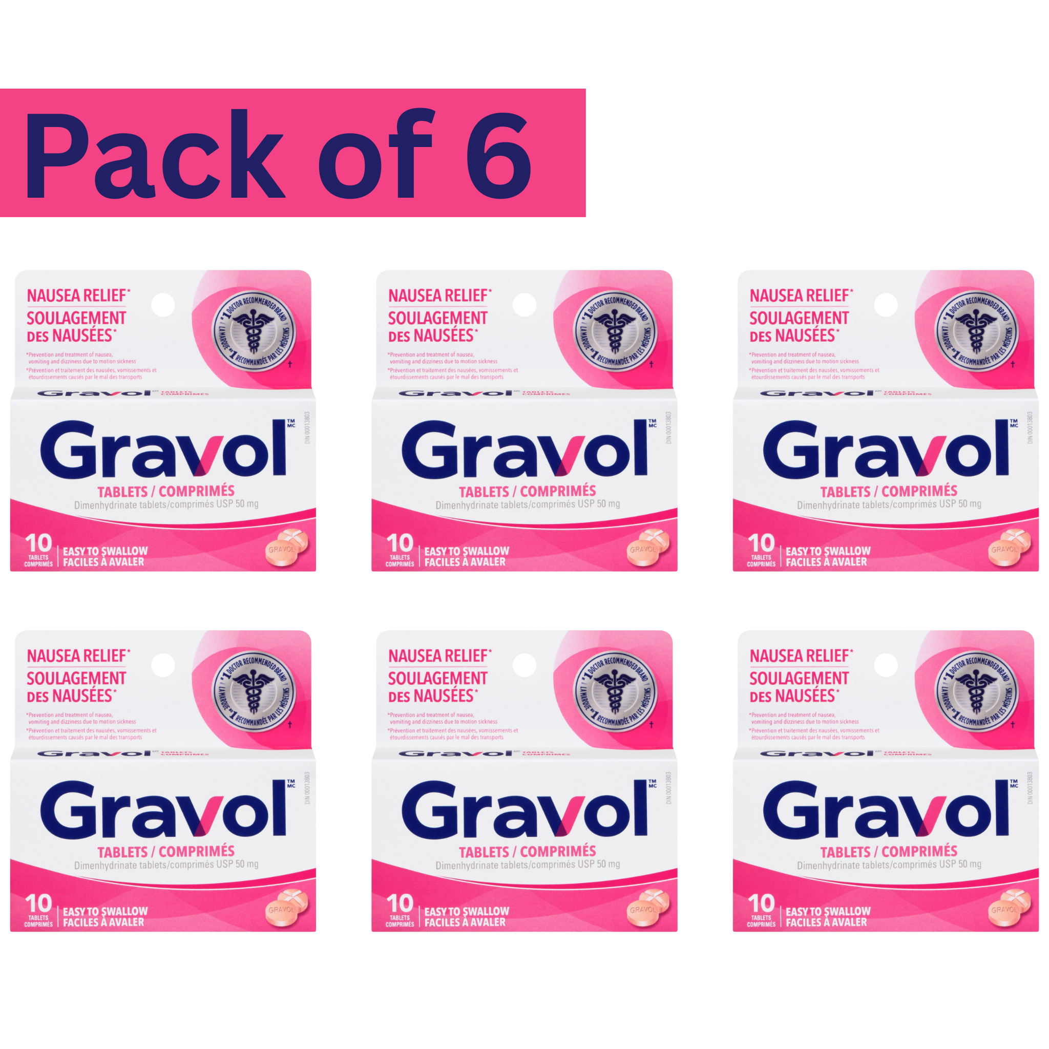 Gravol Nausea Relief Easy to Swallow Tablets 50mg – Pack of 6
