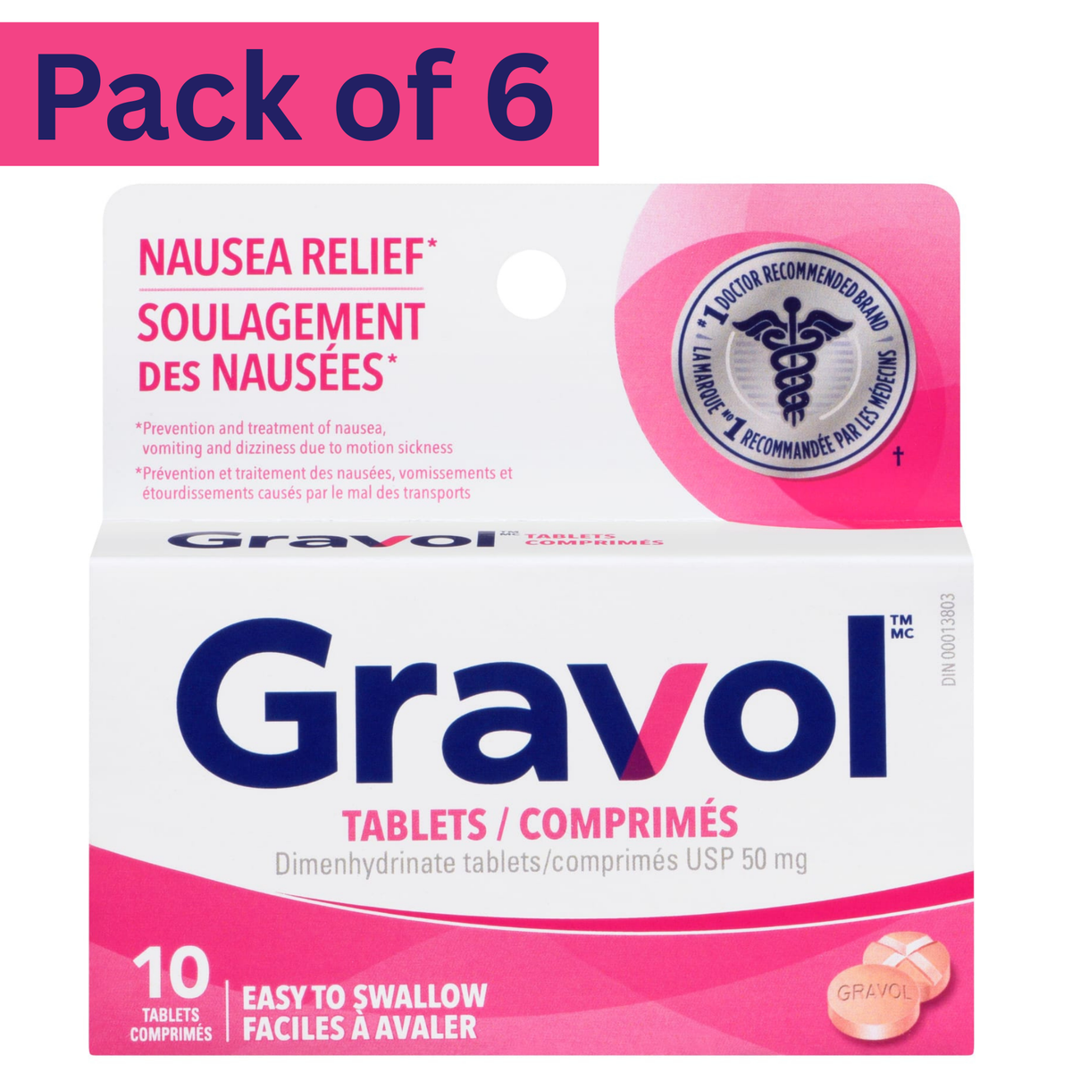 Gravol Nausea Relief Easy to Swallow Tablets 50mg – Pack of 6