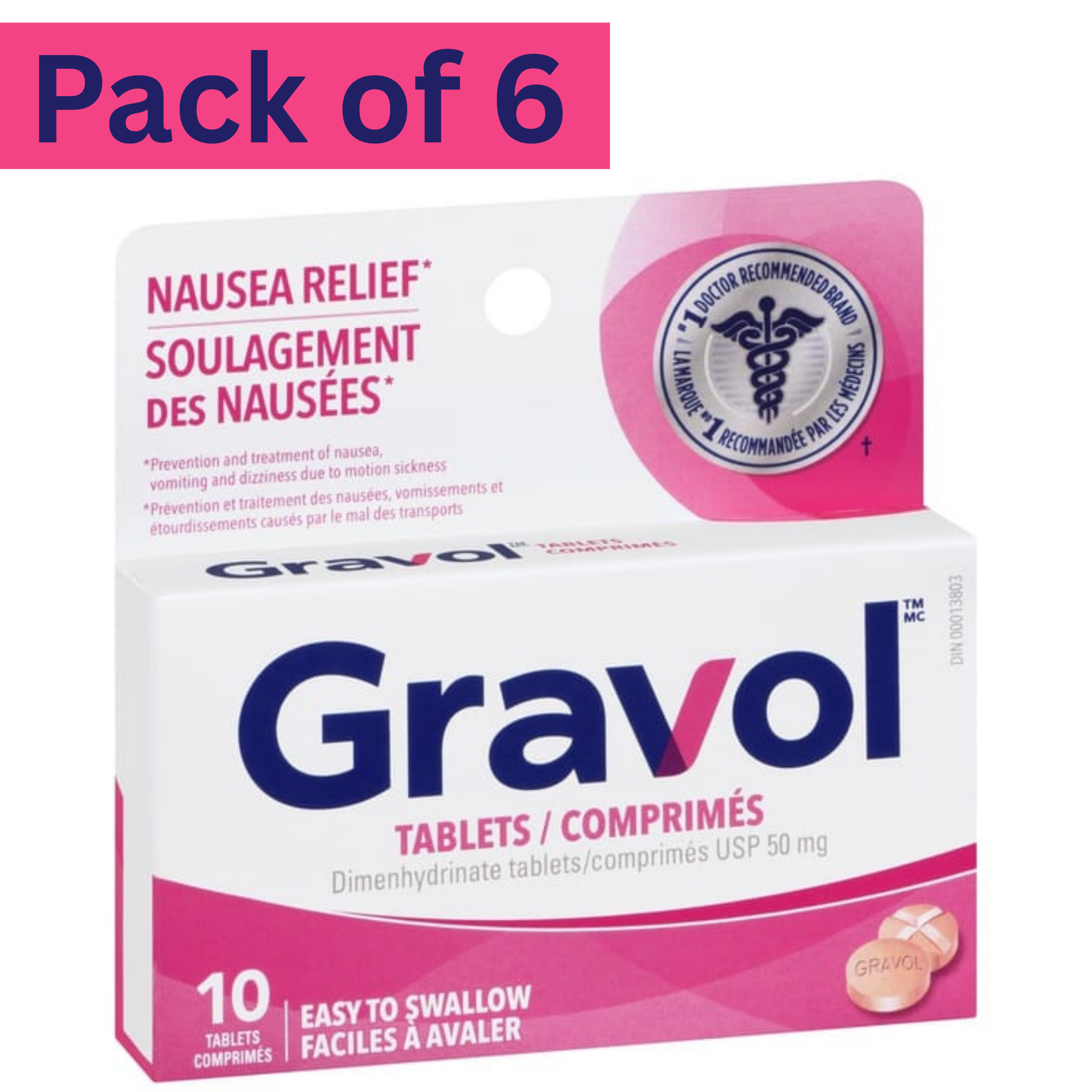Gravol Nausea Relief Easy to Swallow Tablets 50mg – Pack of 6