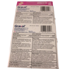 Back side of a Gravol Nausea Relief Tablets package displaying detailed information, including Drug Facts, Warnings, Directions for use, Inactive Ingredients, and Product Details.