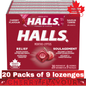 HALLS Cherry Flavour Mentho-Lyptus Cough Drops – 1 Tray (20 Packs of 9 Lozenges) – Throat & Cough Relief