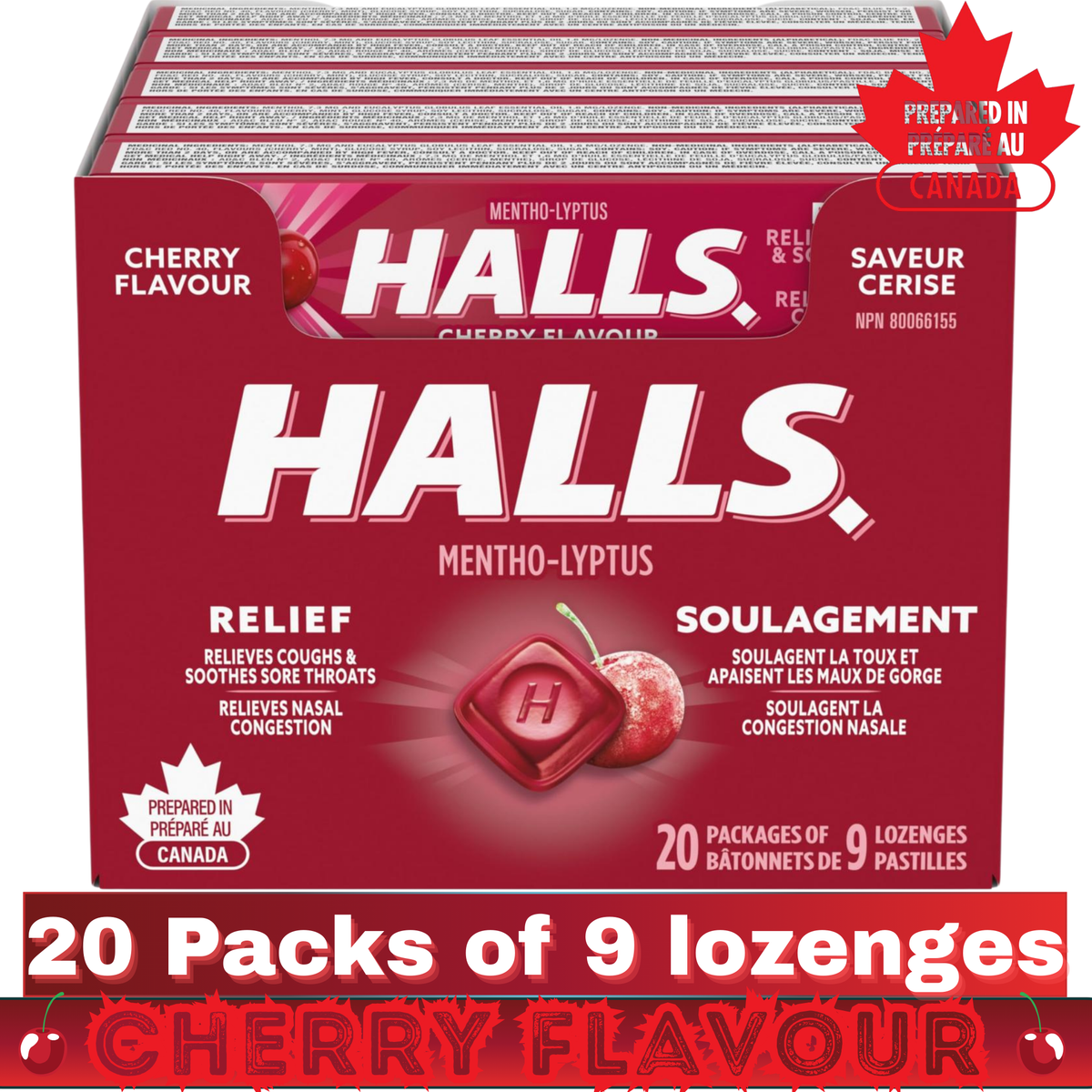 HALLS Cherry Flavour Mentho-Lyptus Cough Drops – 1 Tray (20 Packs of 9 Lozenges) – Throat & Cough Relief