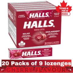 HALLS Cherry Flavour Mentho-Lyptus Cough Drops – 1 Tray (20 Packs of 9 Lozenges) – Throat & Cough Relief