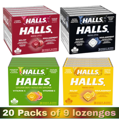 HALLS Mentho-Lyptus Cough Drops – Throat Relief Lozenges – 20 Packs of 9 per Tray | Multiple Flavours