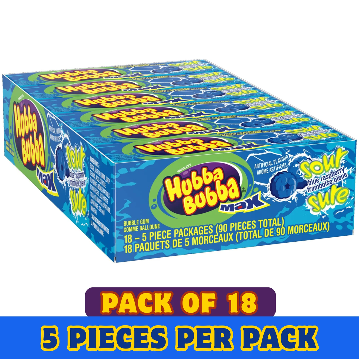 Hubba Bubba Sour Blue Raspberry Bubble Gum – 5 Pieces per Pack – Pack of 18