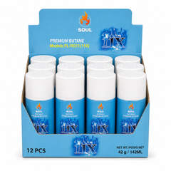 Soul 11X Refined Premium Butane Gas Lighter Refill, Eleven-Times Refined for Clean Burn, Universal Fill Tips Built Into the Cap, Refills Torch Lighters, Pocket Lighters and Culinary Torches, 42 g / 142 ml (Counter Display of 12)