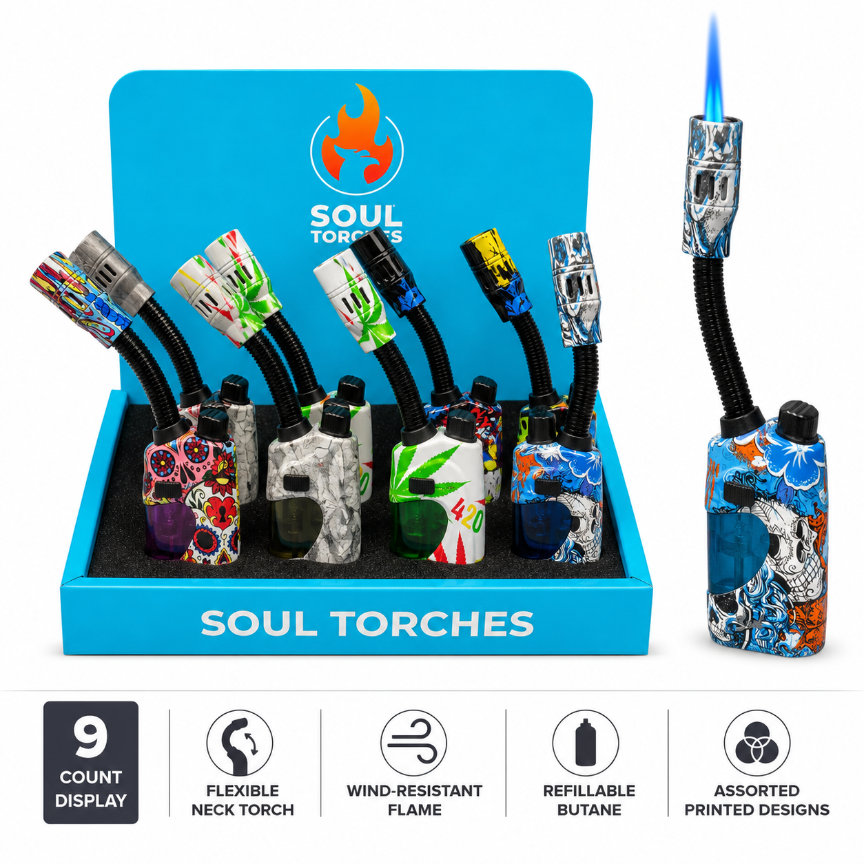 Soul Lighters Flexible-Neck Gooseneck Utility Lighter, 9 street-art designs, Pack of 9