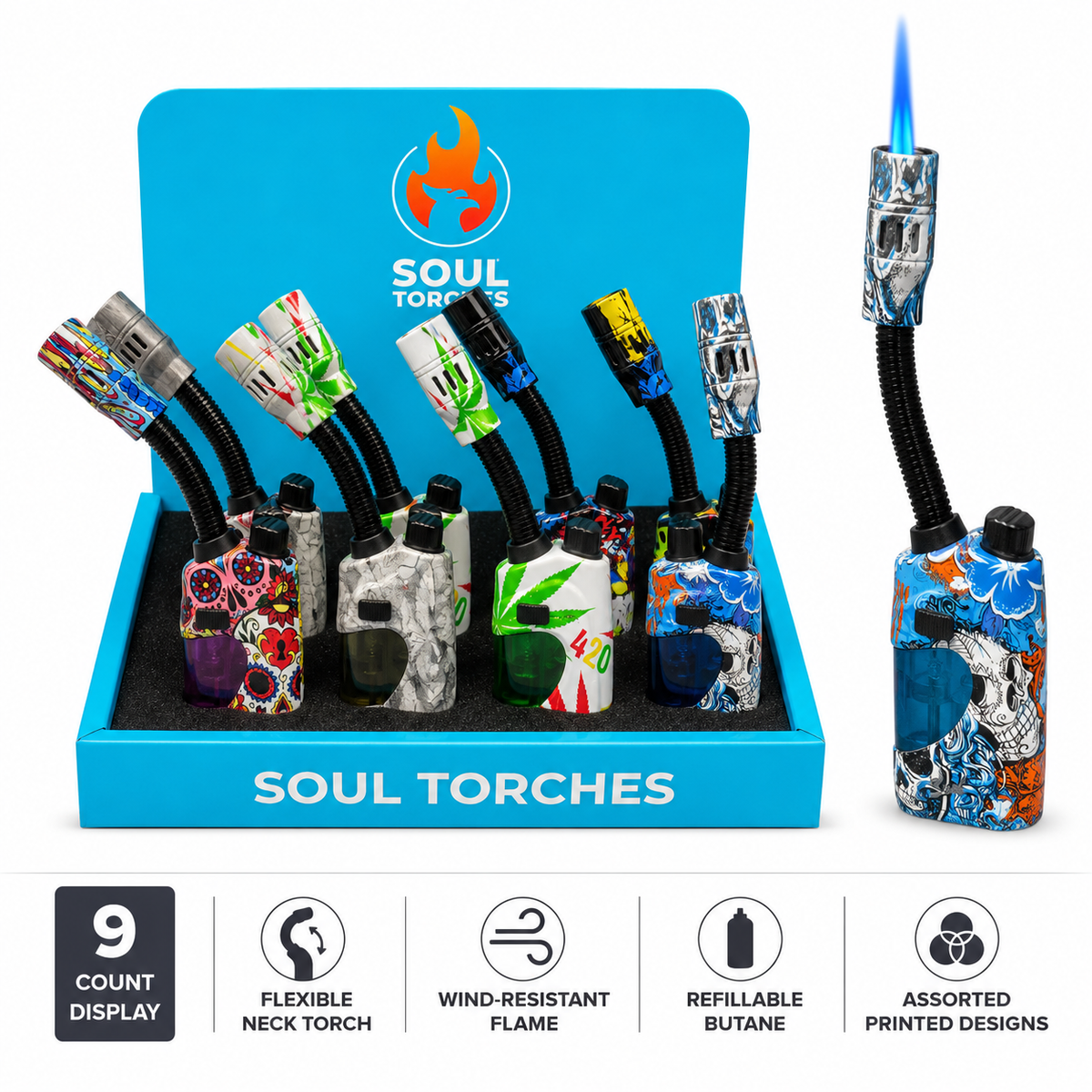 Soul Lighters Flexible-Neck Gooseneck Utility Lighter, 9 street-art designs, Pack of 9
