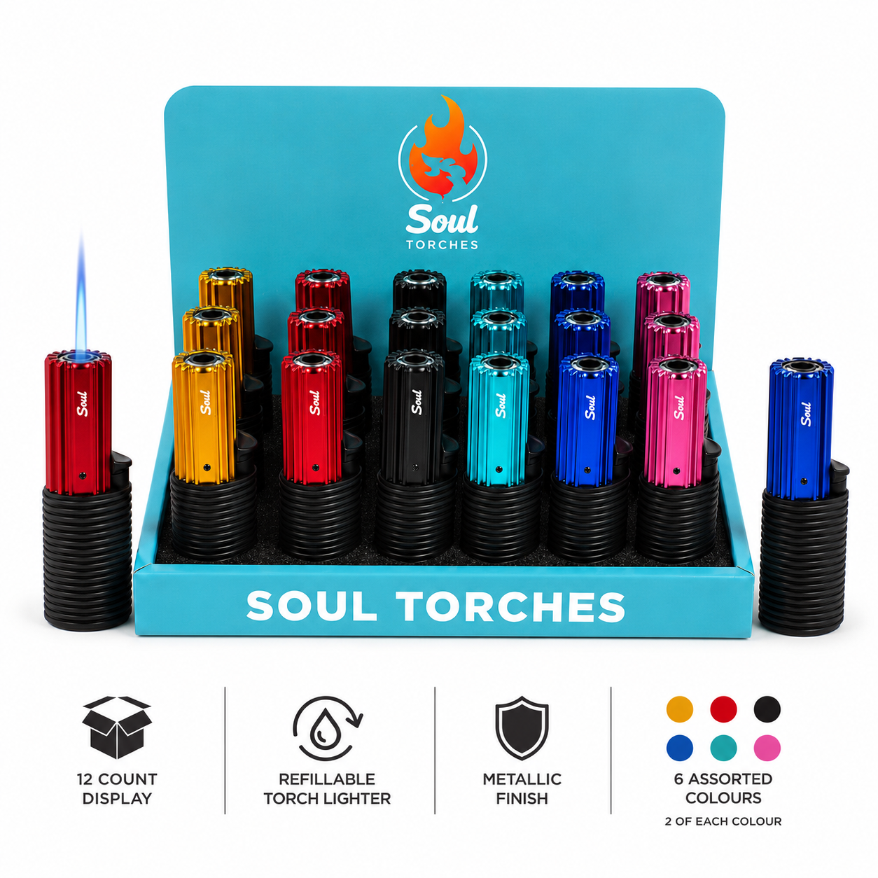 Soul Lighters Turbine-Fin Fluid-View Torch Lighter, 6 colours, Pack of 12