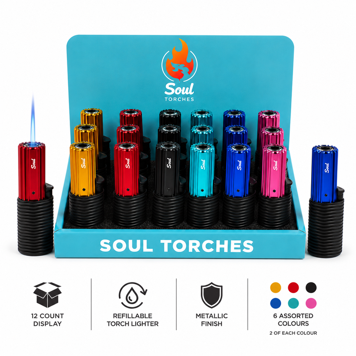 Soul Lighters Turbine-Fin Fluid-View Torch Lighter, 6 colours, Pack of 12