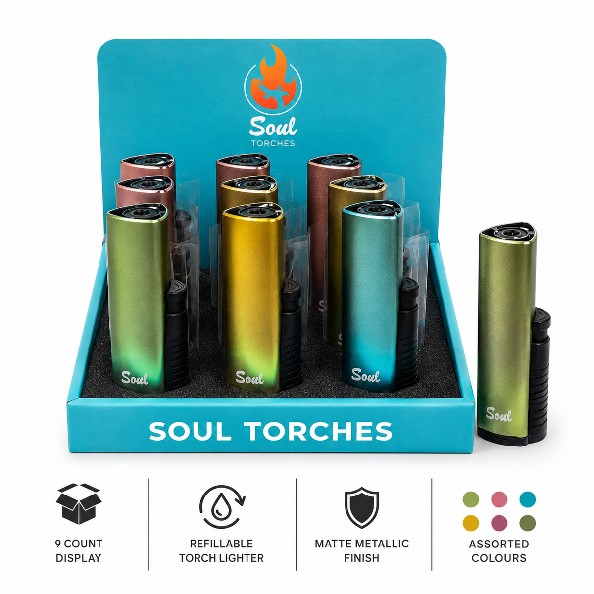 Soul Lighters Tri-Corner Single-Jet Torch Lighter, 9 metallic colours, 9-count display