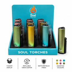 Soul Lighters Tri-Corner Single-Jet Torch Lighter, 9 metallic colours, 9-count display