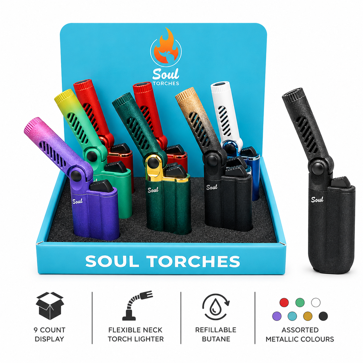 Soul Lighters Rotating-Nozzle Compact Torch Lighter, 6 colours, 9-count display