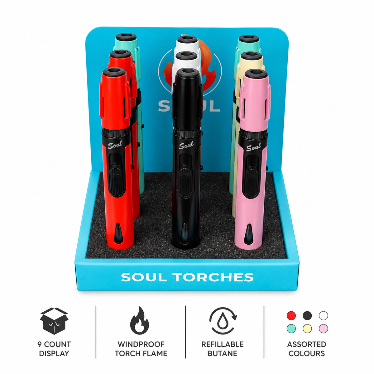Soul Lighters Missile-Style torch lighter, fluid-view window, 6 mixed colours, Pack of 9
