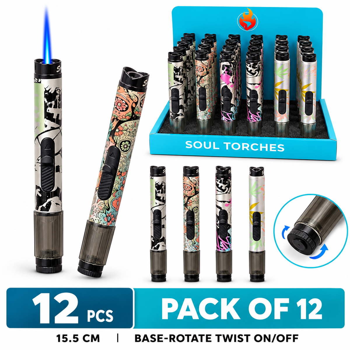 Soul Lighters Fluid-View Pen-Style Torch Lighter, 4 art designs, Pack of 12