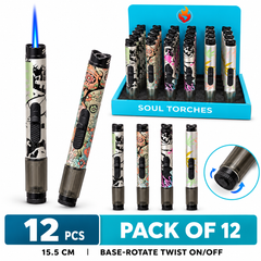 Soul Lighters Fluid-View Pen-Style Torch Lighter, 4 art designs, Pack of 12