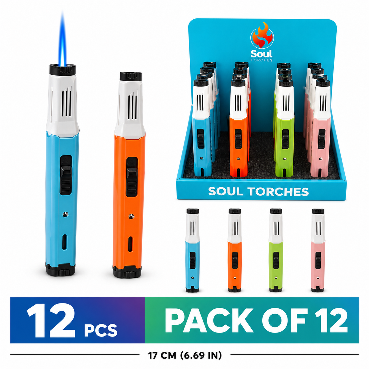 Soul Lighters Pen Hue Pop vape-pen style torch lighter, continuous flame, 4 colours, Pack of 12