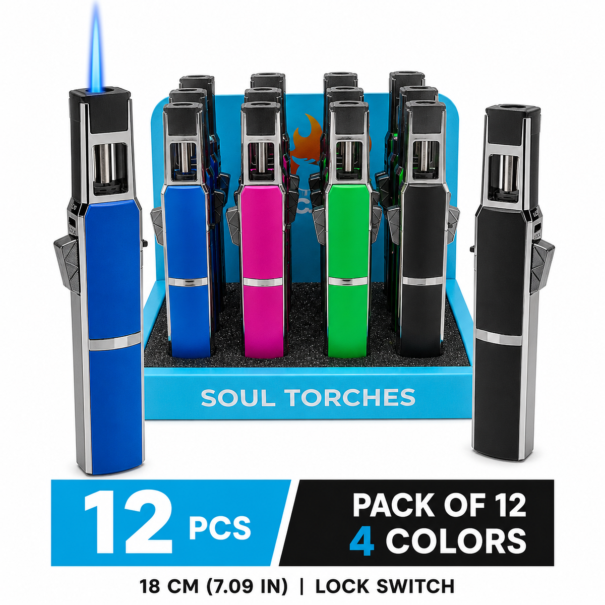 Soul Lighters Premium High-Flame Chrome-Accent Torch Lighter, 4 colours, Pack of 12
