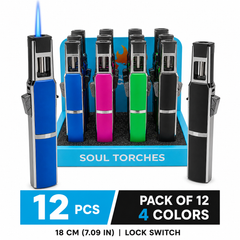 Soul Lighters Premium High-Flame Chrome-Accent Torch Lighter, 4 colours, Pack of 12