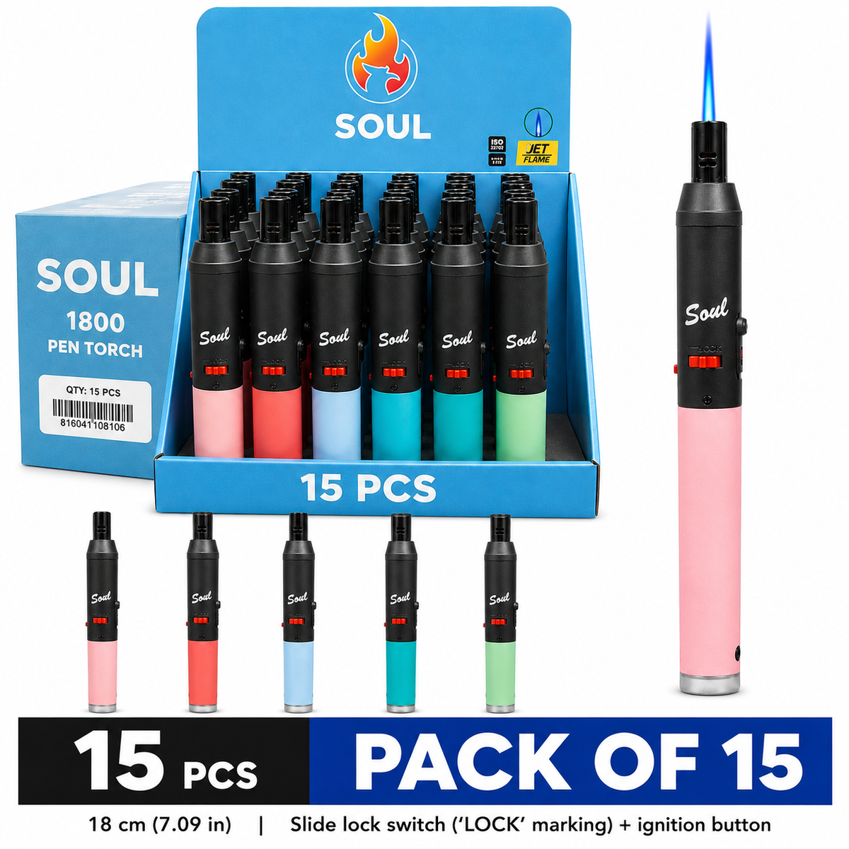 Soul Lighters Pen-Style Pastel Soft-Touch Torch Lighter, 5 colours, Pack of 15
