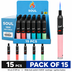 Soul Lighters Pen-Style Pastel Soft-Touch Torch Lighter, 5 colours, Pack of 15