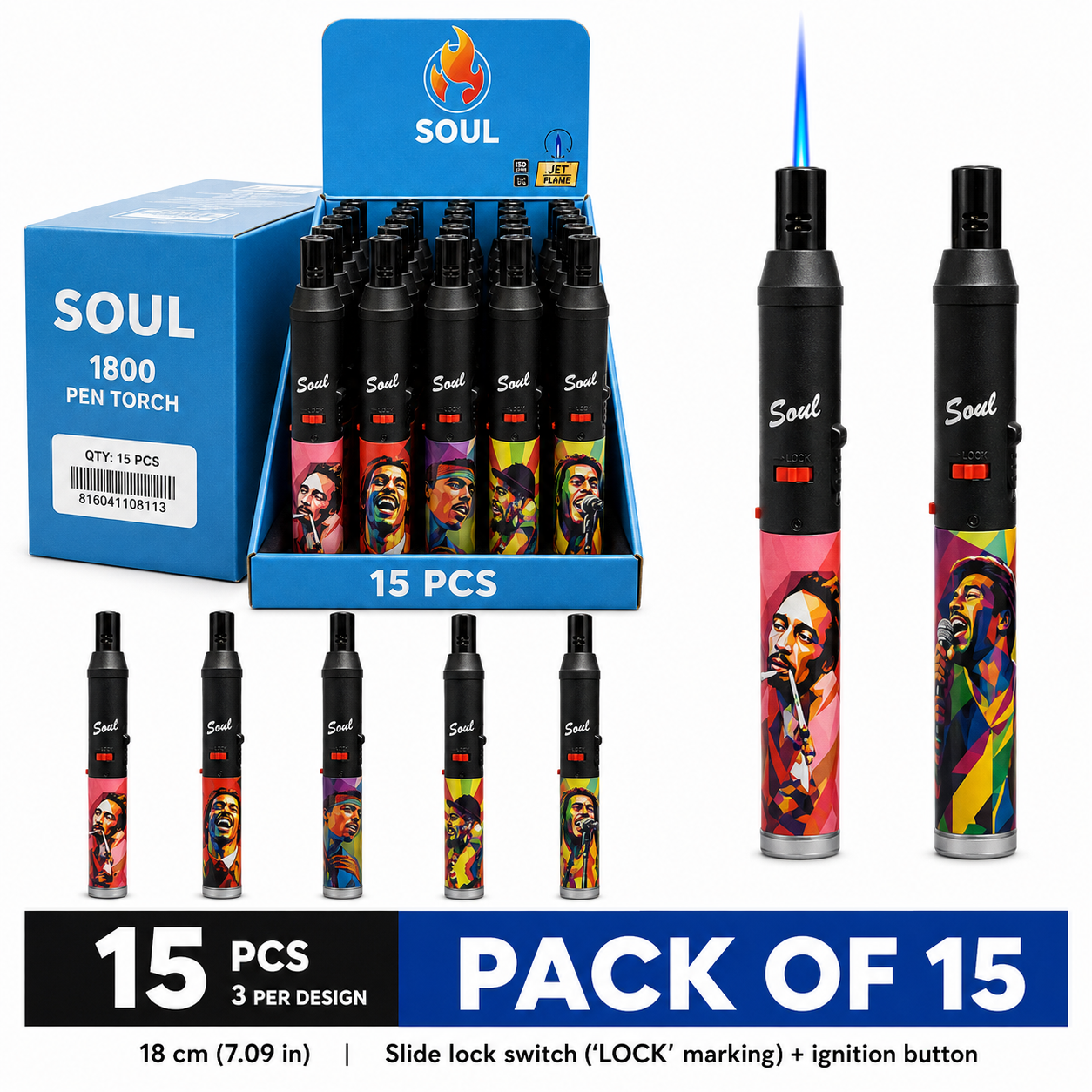 Soul Lighters Reggae Pop-Art Pen-Style Torch Lighter, 5 designs, Pack of 15