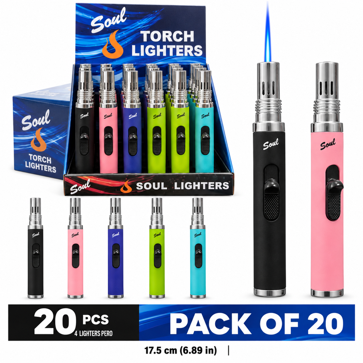 Soul Lighters Premium Steel-Nozzle Pen Torch Lighter, 5 colours, Pack of 20