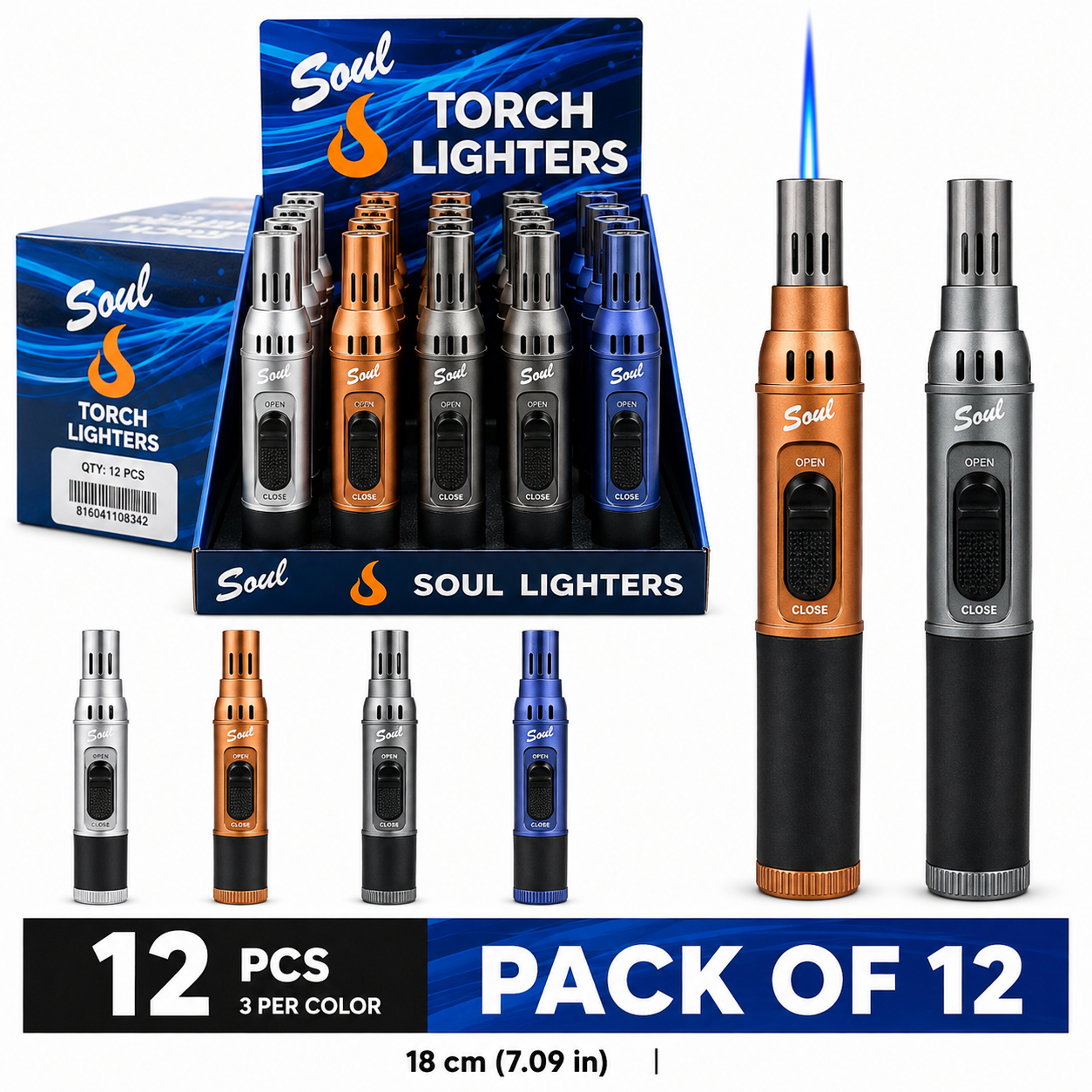 Soul Lighters Anodized Pen-Style Torch Lighter, continuous flame, 4 colours, Pack of 12