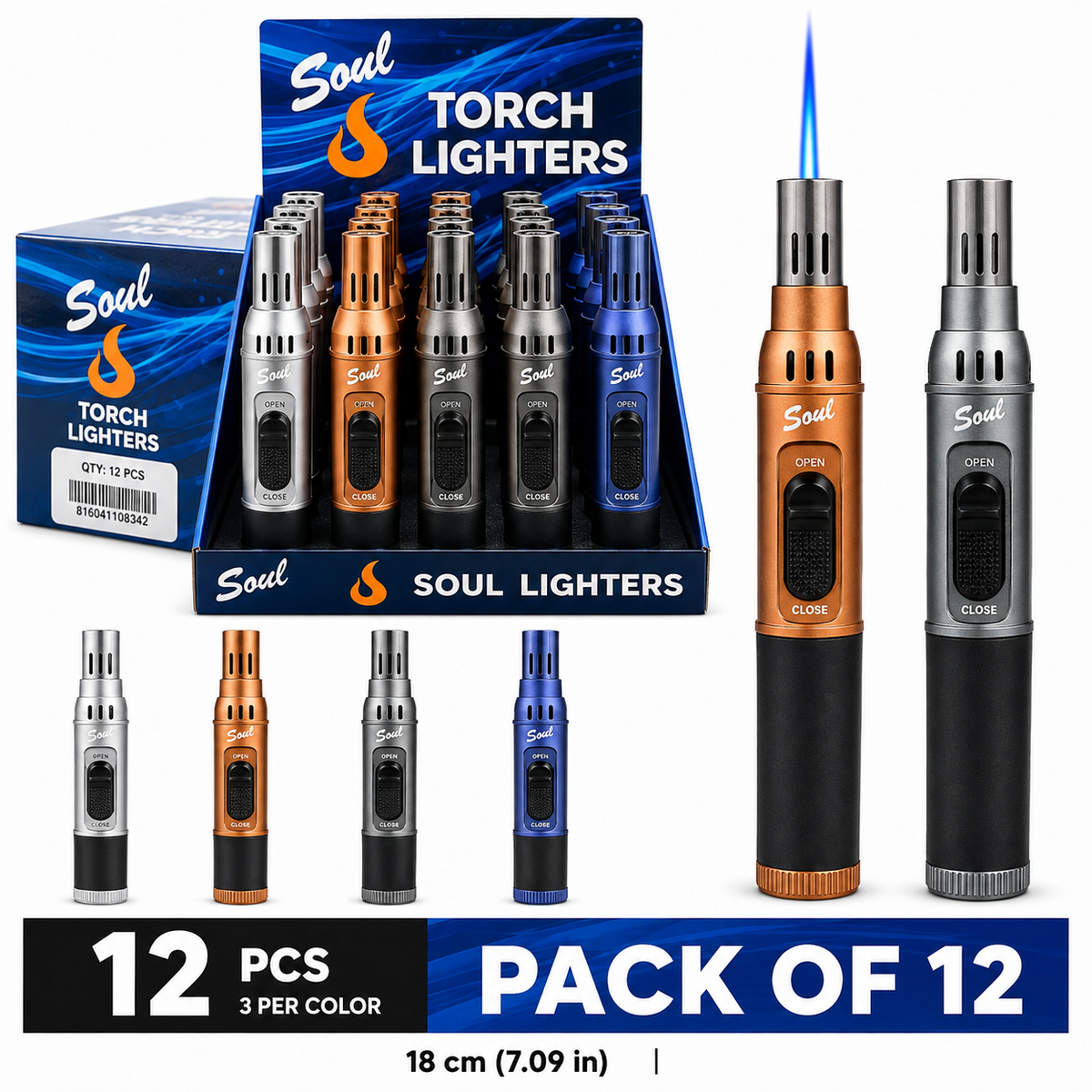 Soul Lighters Anodized Pen-Style Torch Lighter, continuous flame, 4 colours, Pack of 12