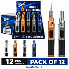 Soul Lighters Anodized Pen-Style Torch Lighter, continuous flame, 4 colours, Pack of 12