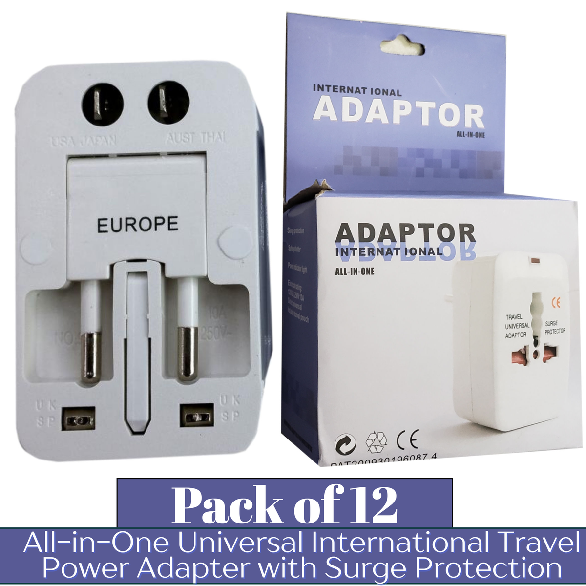 INTERNATIONAL All-iQn-One Universal Travel Power Adapter with Surge Protection – Worldwide Plug Converter for 150+ Countries | Pack of 12 | Item No. E-UA90144