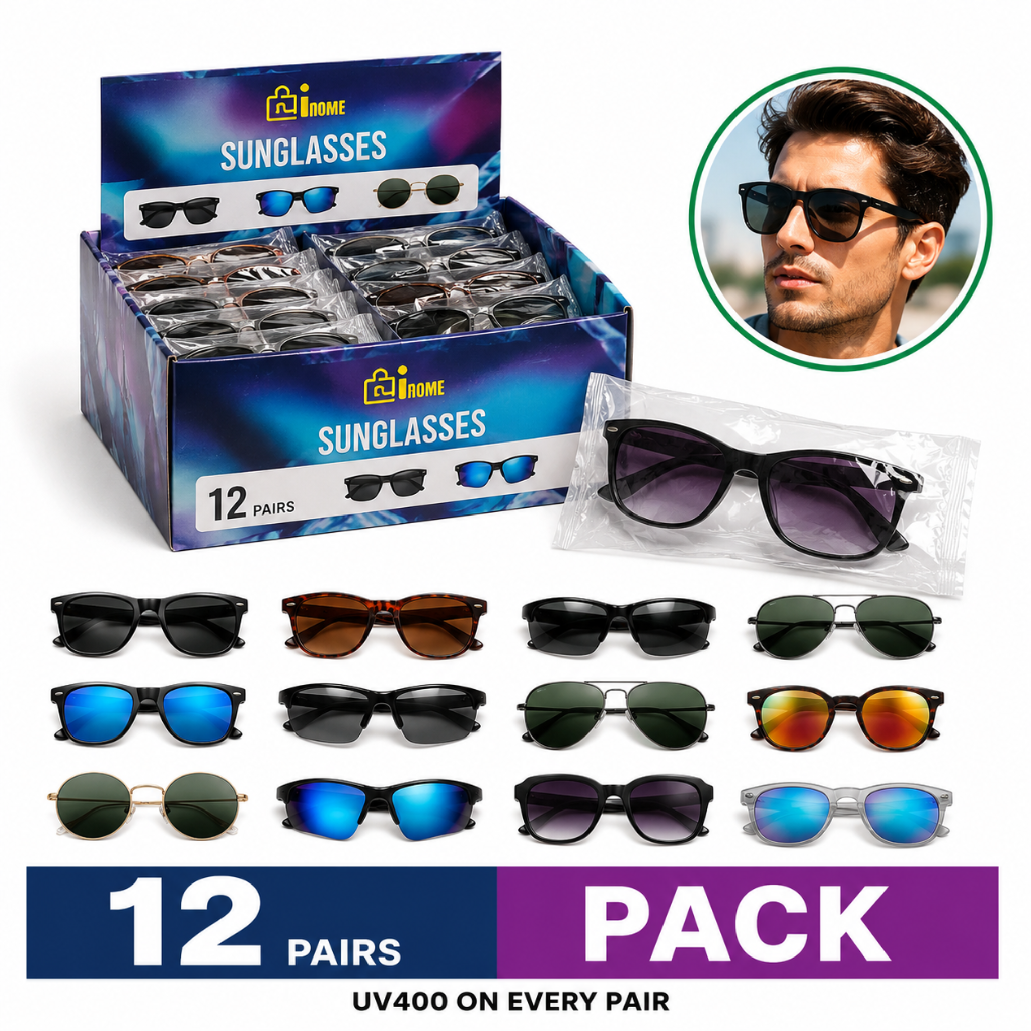 Inome 12 Piece Sunglasses Kit, 12 Unique Styles, UV400 Protection, Counter Rack