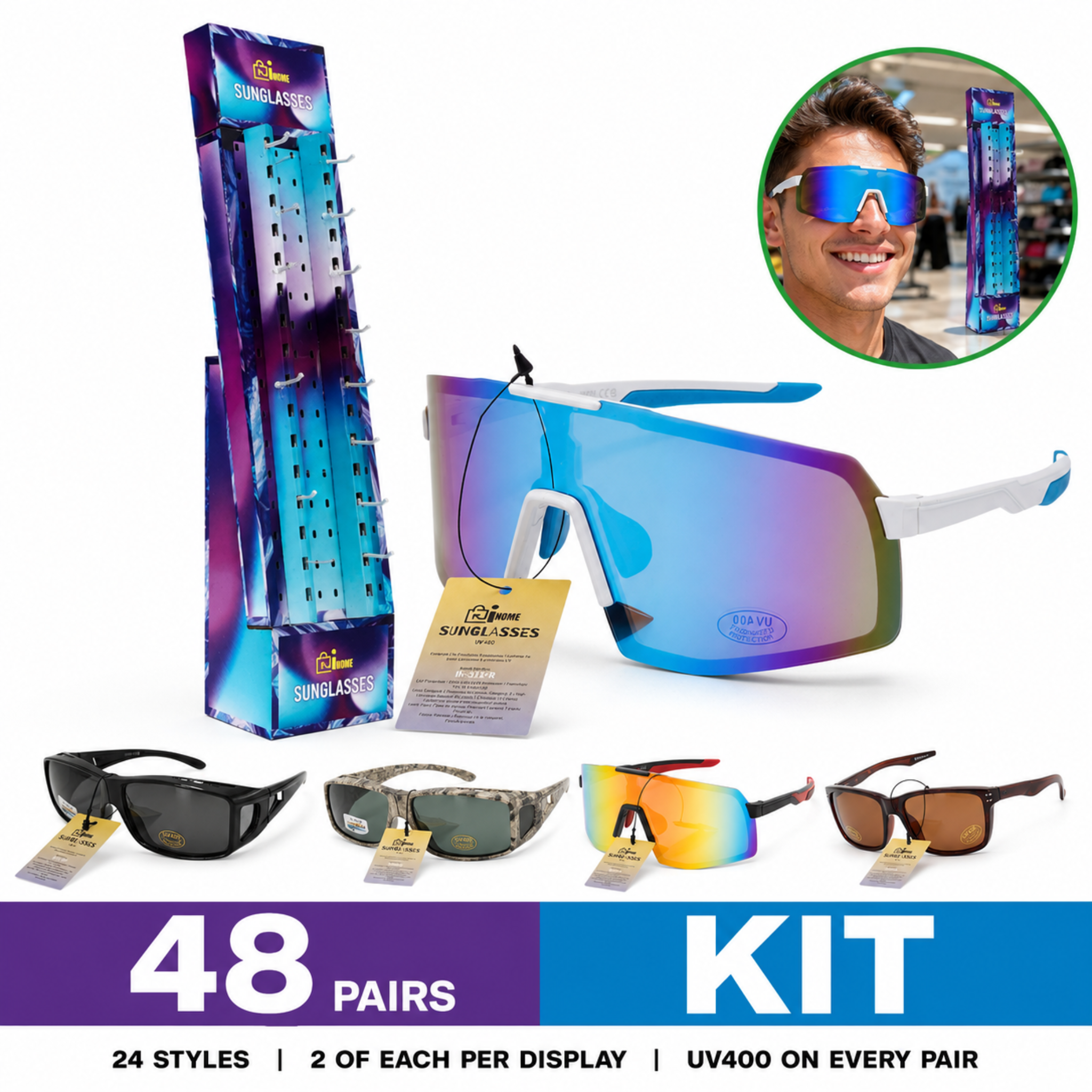 Inome 48 Piece Sunglasses Kit, 24 Styles, UV400 Protection, 195cm Floor Display Stand