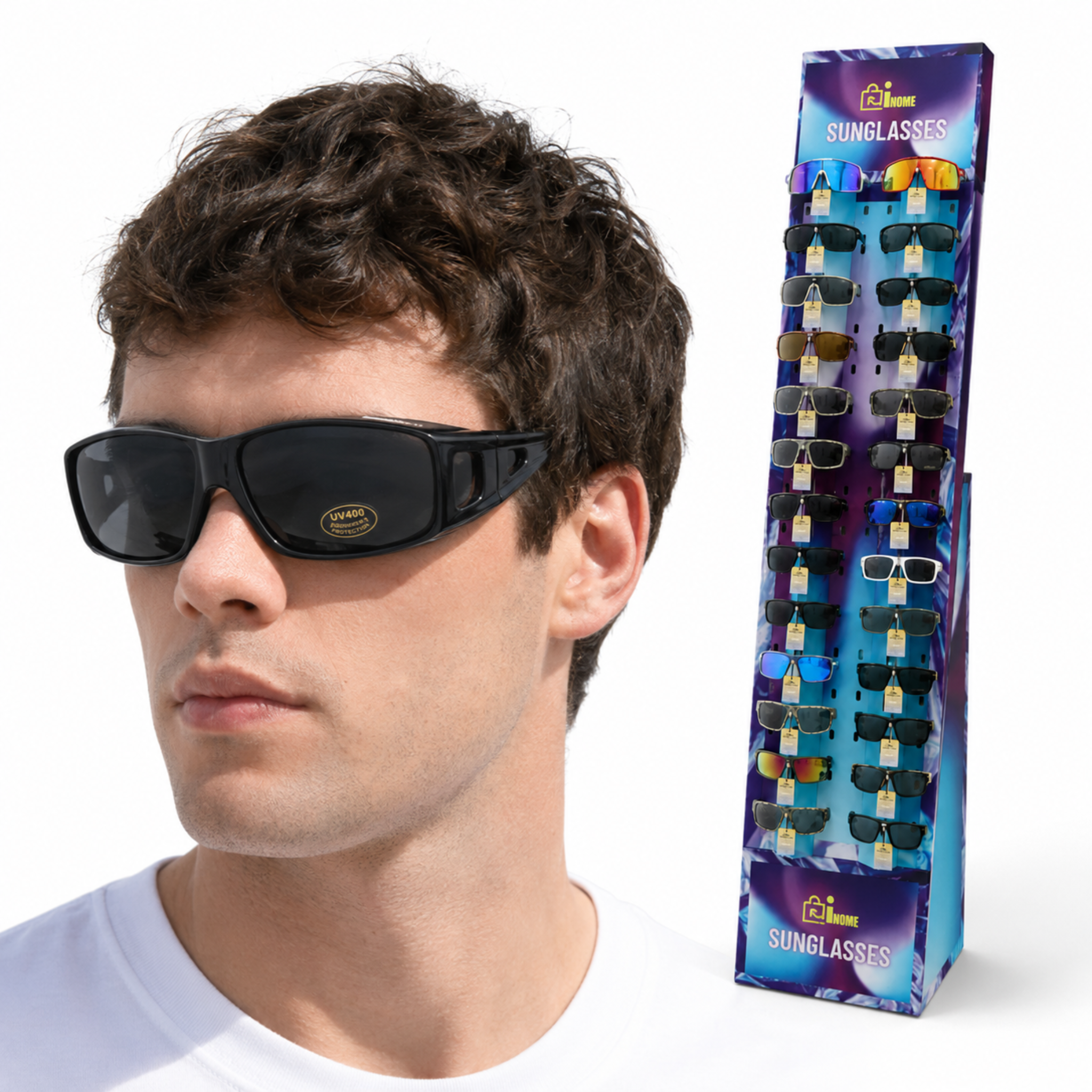 Inome 48 Piece Sunglasses Kit, 24 Styles, UV400 Protection, 195cm Floor Display Stand
