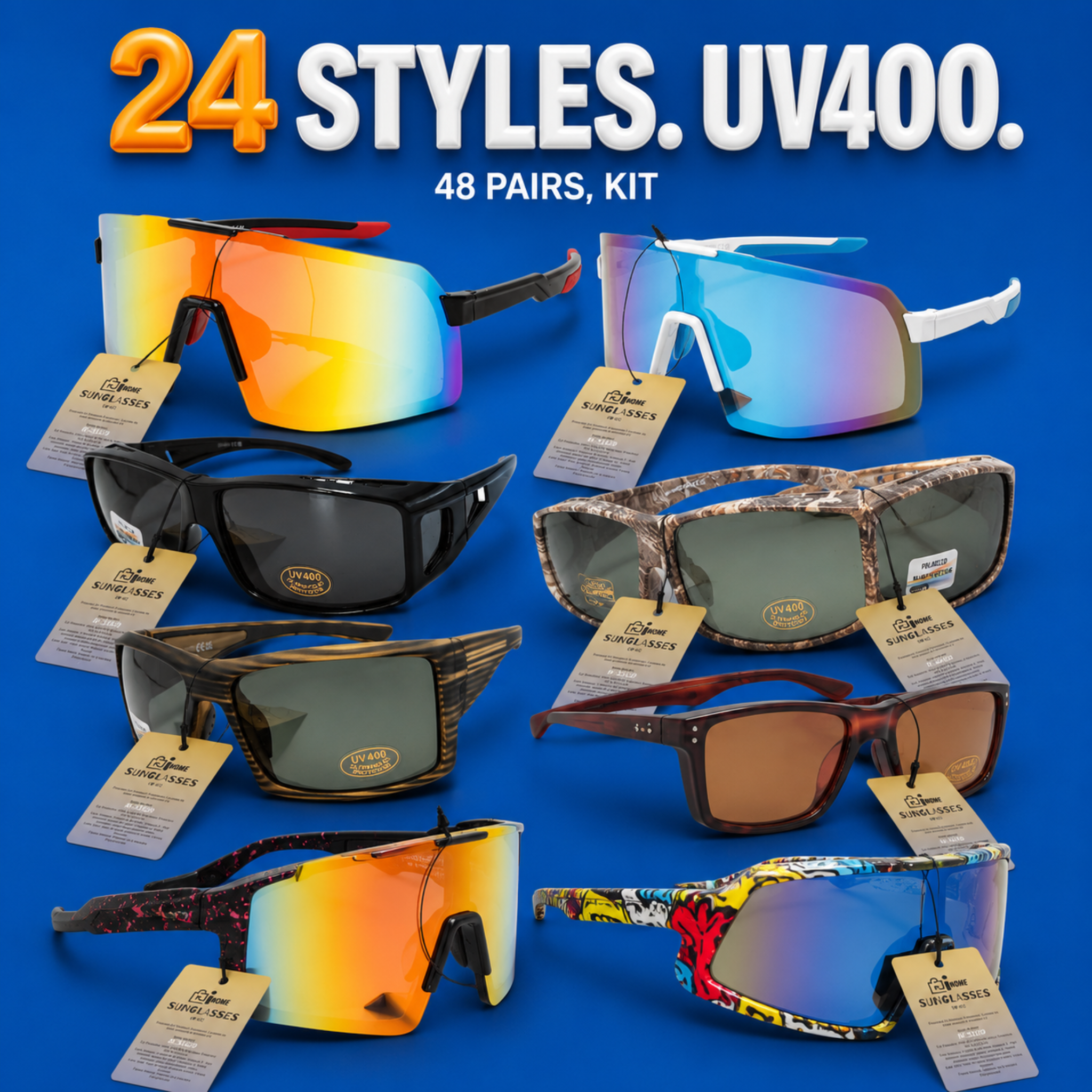 Inome 48 Piece Sunglasses Kit, 24 Styles, UV400 Protection, 195cm Floor Display Stand