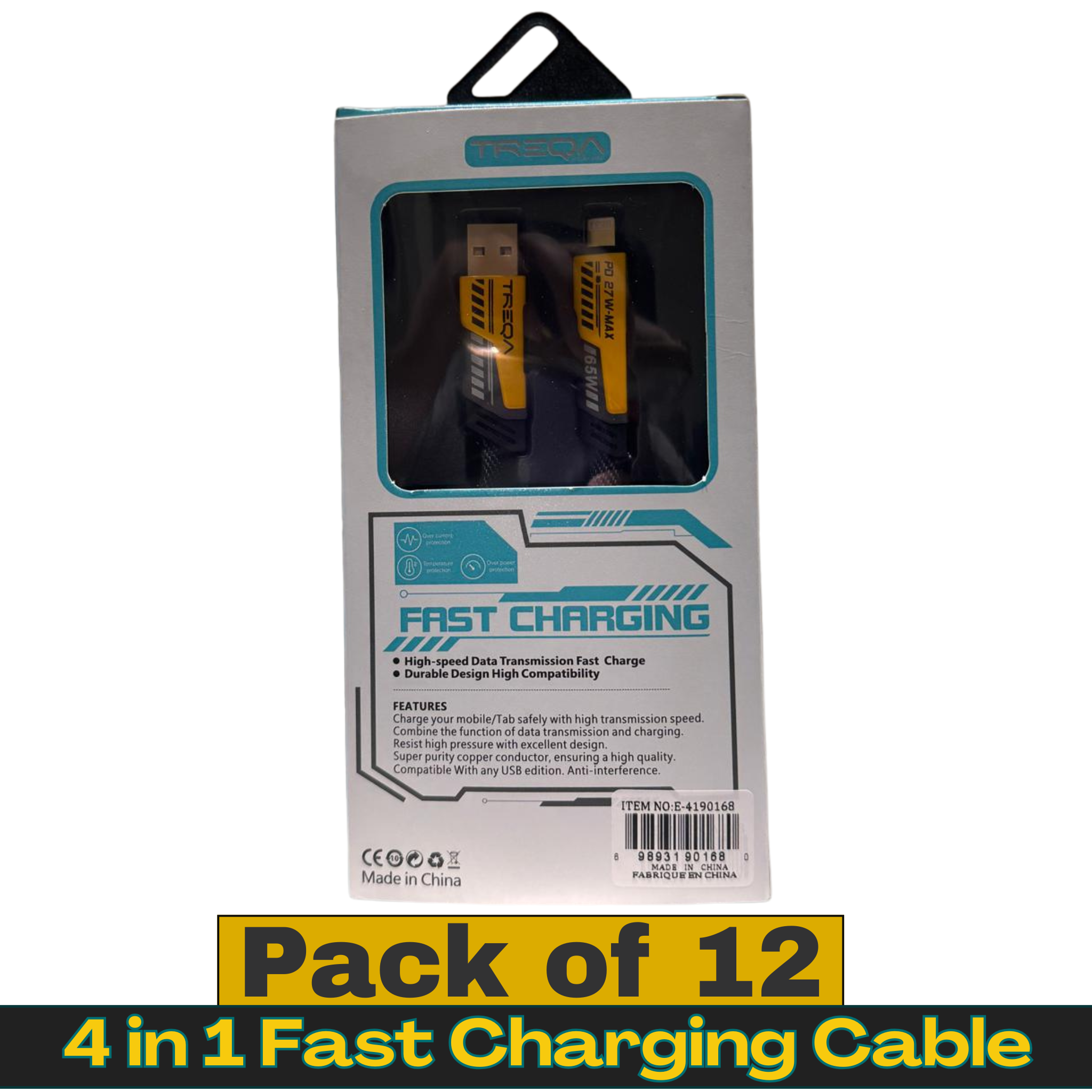 Packaging of a 4-in-1 fast charging cable with text indicating 'Pack of 12' on a white background.