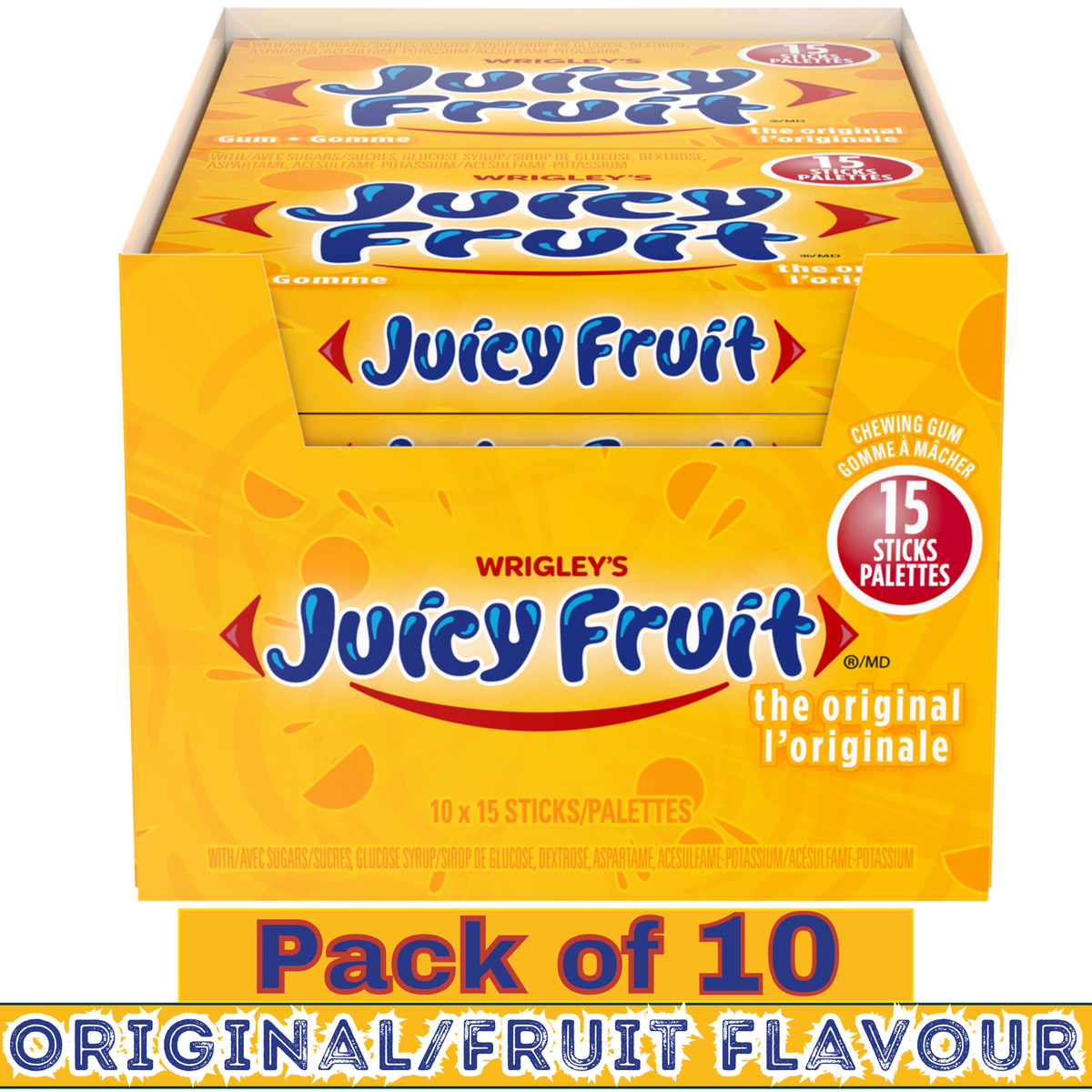 JUICY FRUIT Original Fruit Flavoured Chewing Gum – 15 Sticks per Pack – Pack of 10