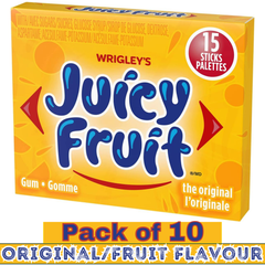 JUICY FRUIT Original Fruit Flavoured Chewing Gum – 15 Sticks per Pack – Pack of 10