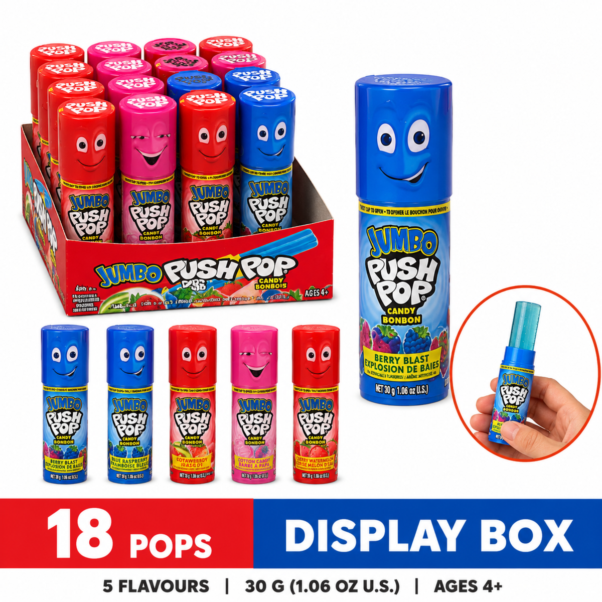 Jumbo Push Pop Candy, 5 Flavours Twist Cap Lollipop, 30g, 18 Count Display Box